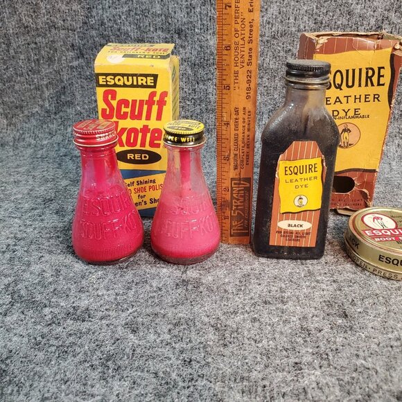 Vintage ESQUIRE SCUFF-KOTE & Patent LEATHER Dye Shoe Polish Bottles & Boxes - Picture 5 of 11